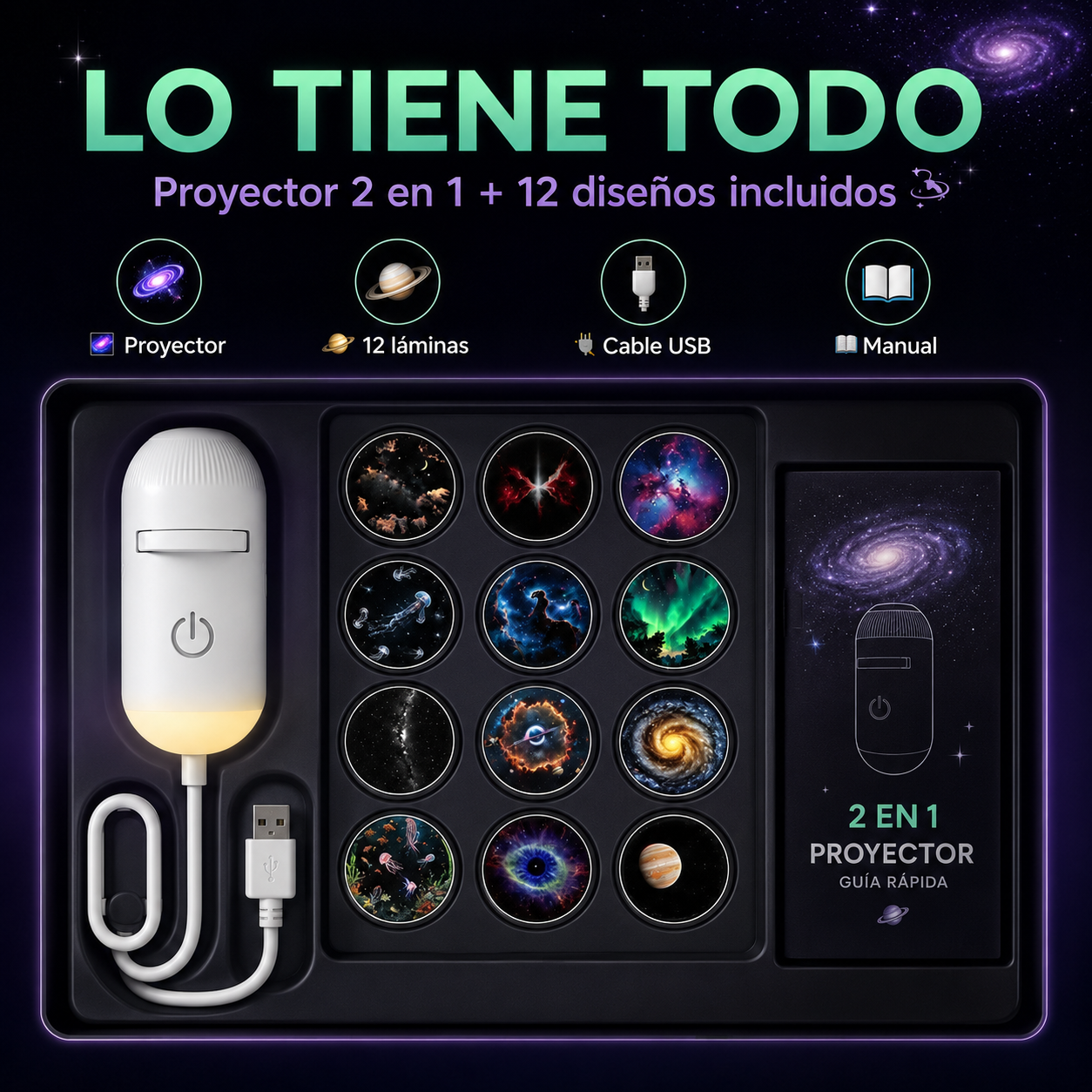 Proyector de galaxias con 12 diseños: un universo diferente cada noche