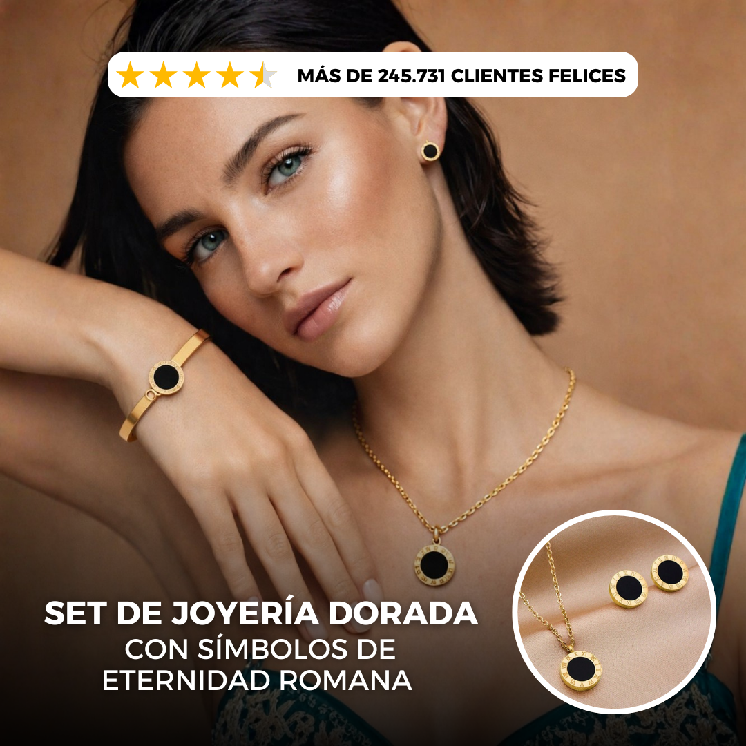 JUEGO DE JOYERIA 18 K DORADO CON NUMEROS ROMANOS