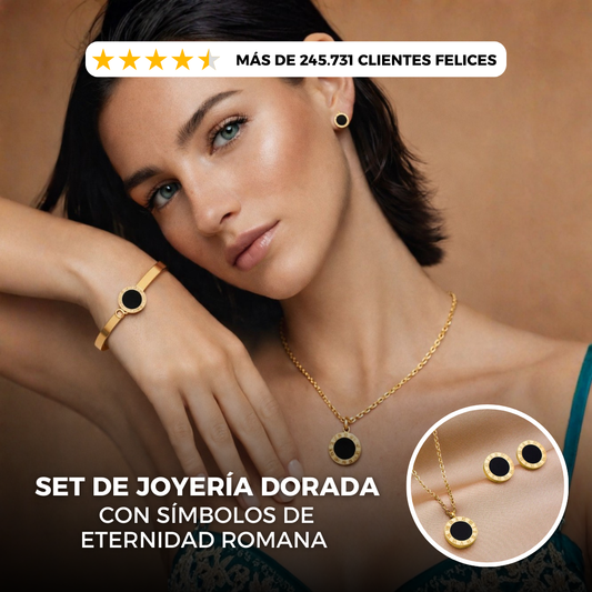 JUEGO DE JOYERIA 18 K DORADO CON NUMEROS ROMANOS
