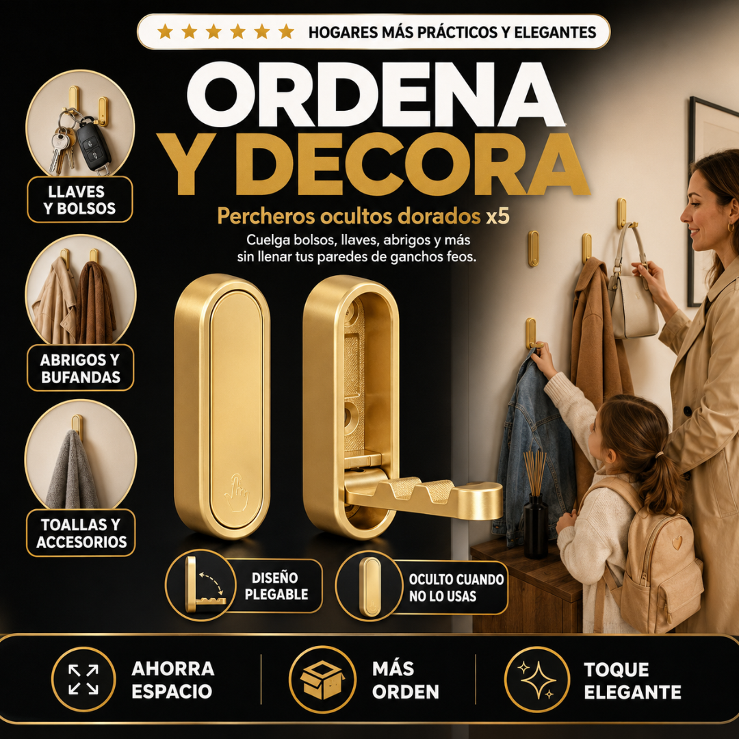 SETX 5 PERCHEROS: Organiza tu hogar con estilo dorado y cero desorden