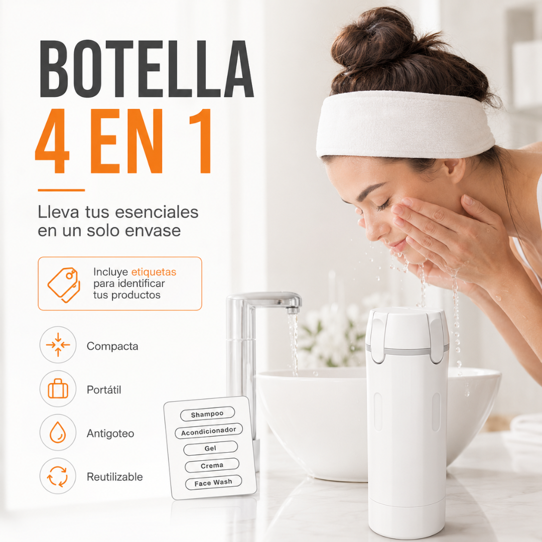 Botella de viaje 4 en 1: Empaca menos y viaja más cómodo