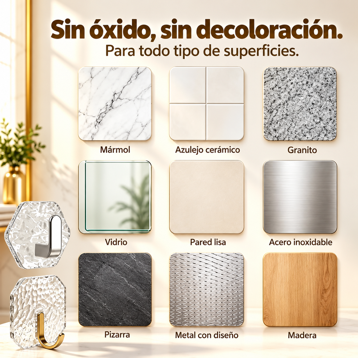Set x8 Ganchos Adhesivos Decorativos - Sin Perforar paredes