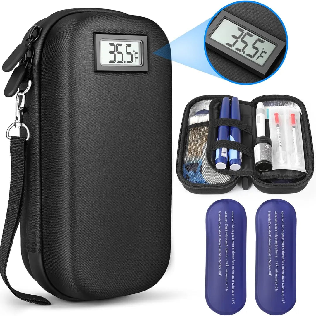 Estuche de Viaje para Insulina con Termómetro y Pantalla de Temperatura, Aprobado por TSA, Organizador de Medicamentos Diabéticos con 2 Bolsas