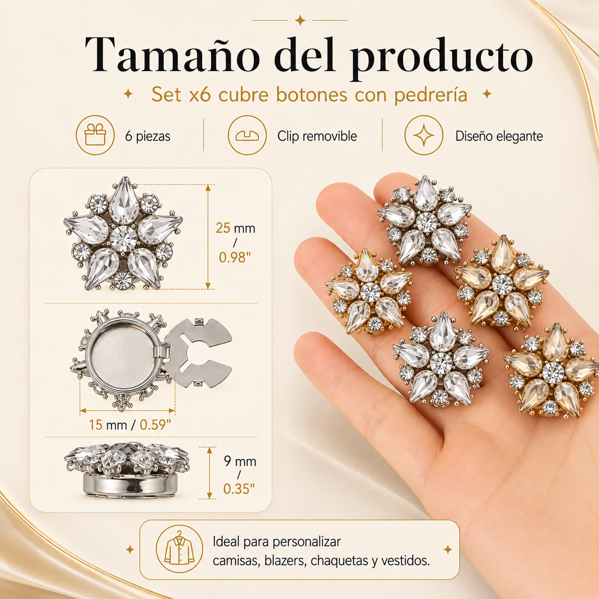 Set x5 Cubre botones Joya con Pedrería · Elegancia Instantánea
