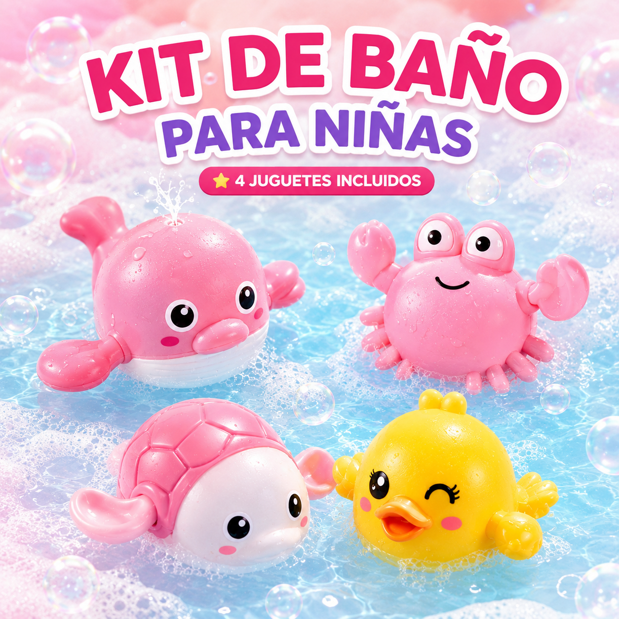 KIT X 4 JUGUETES DE BAÑO PARA TU PEQUEÑA