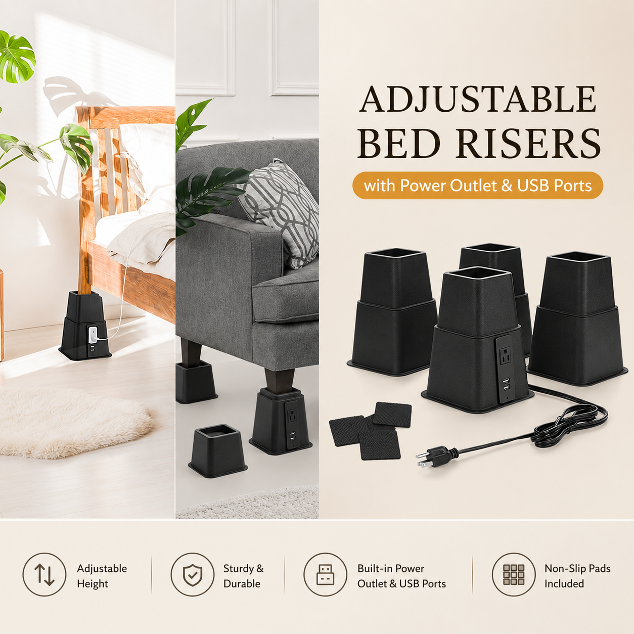 ELEVADORES DE CAMA CON TOMA CORRIENTE Y USB
