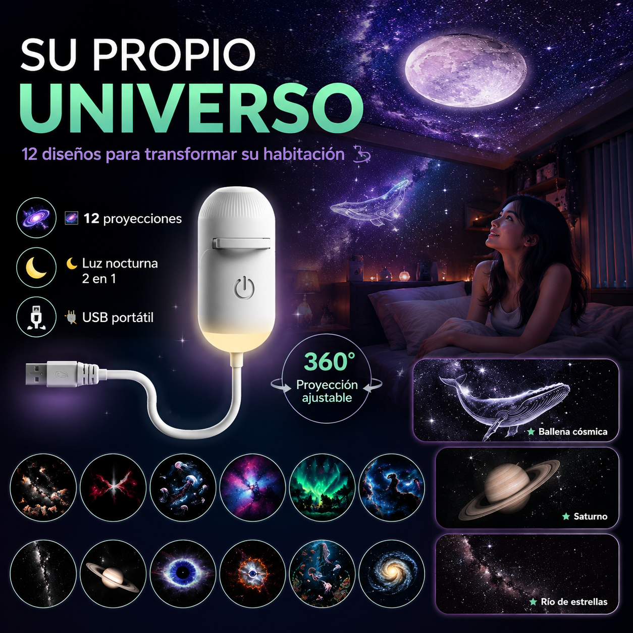 Proyector de galaxias con 12 diseños: un universo diferente cada noche