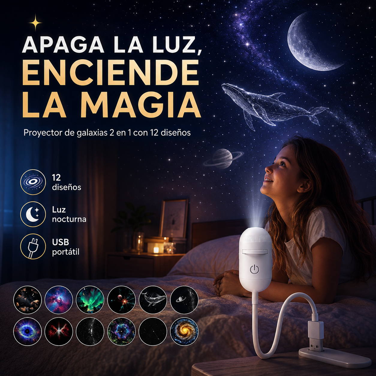 Proyector de galaxias con 12 diseños: un universo diferente cada noche