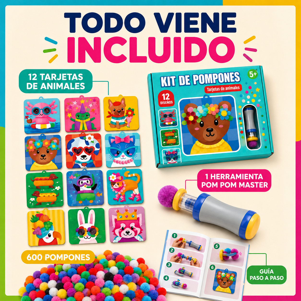 Kit de pompones | ¡Crea animales mágicos en 3D con pompones esponjosos