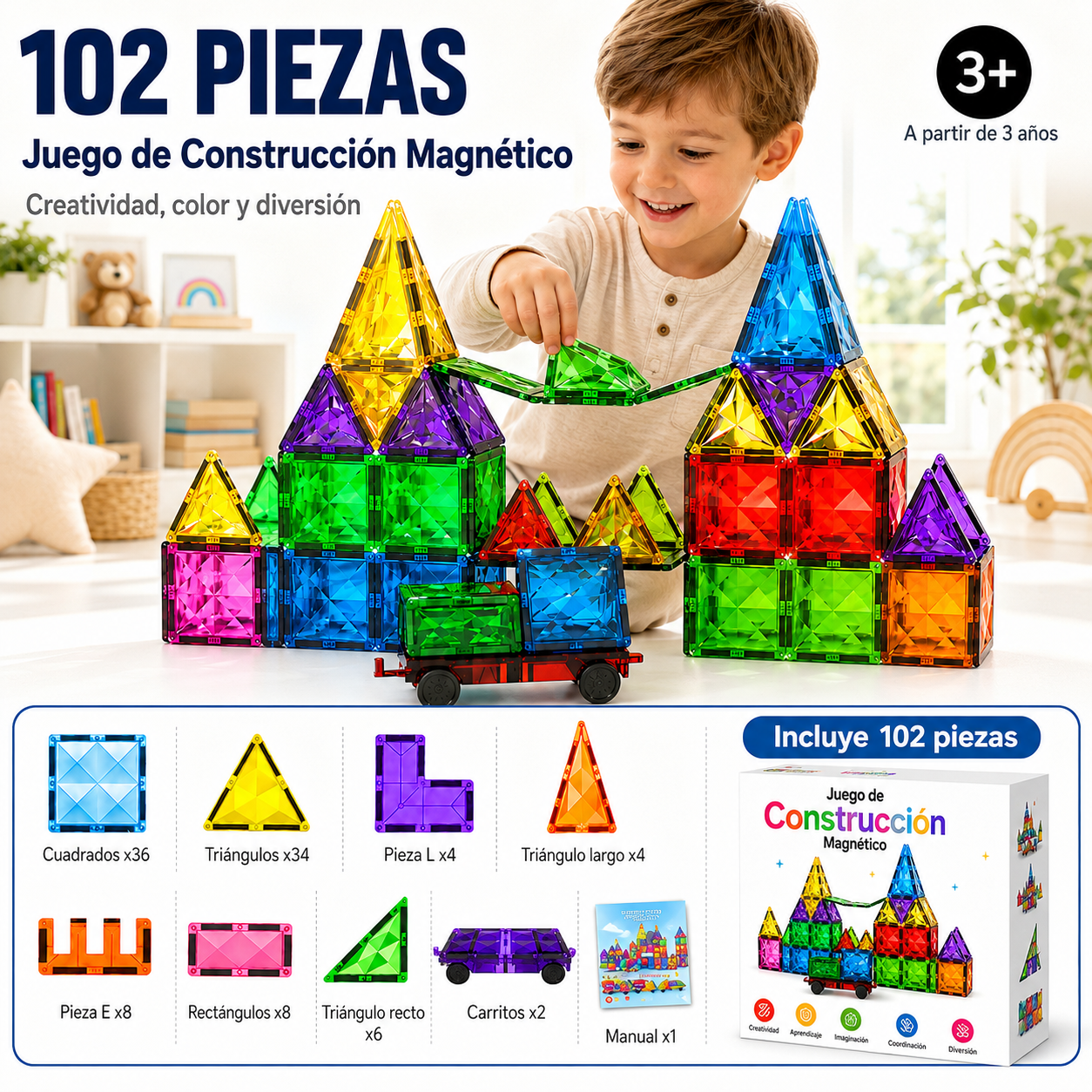102 PIEZAS MAGNETICAS: Construye, imagina y aprende infinitamente