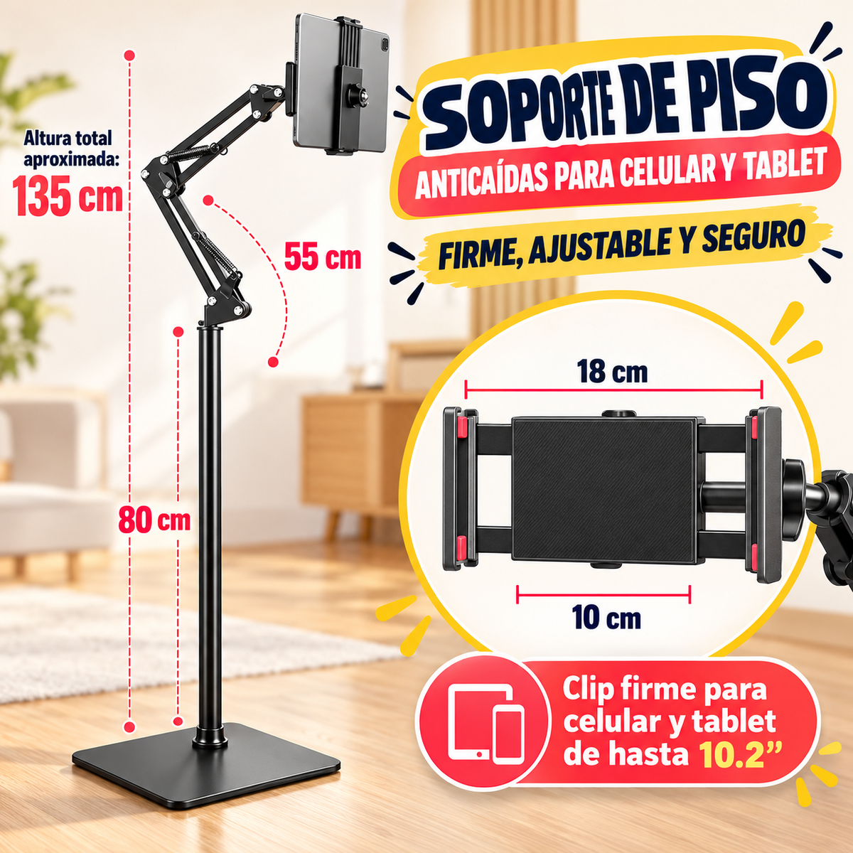 Soporte de Celular y Tablet Anticaídas · Base de Piso y Giro 360°