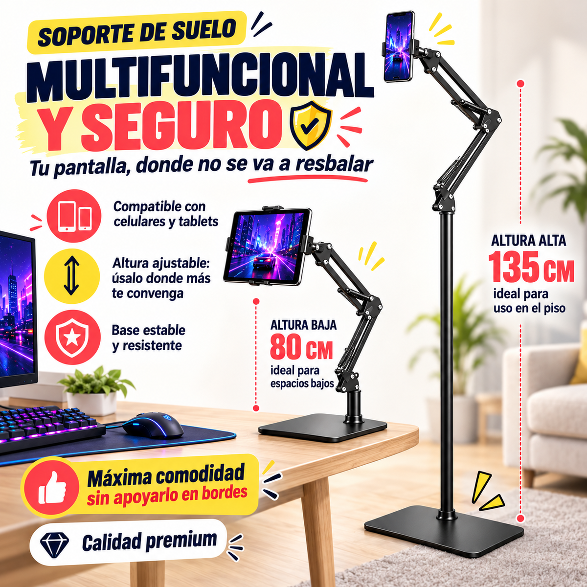 Soporte de Celular y Tablet Anticaídas · Base de Piso y Giro 360°