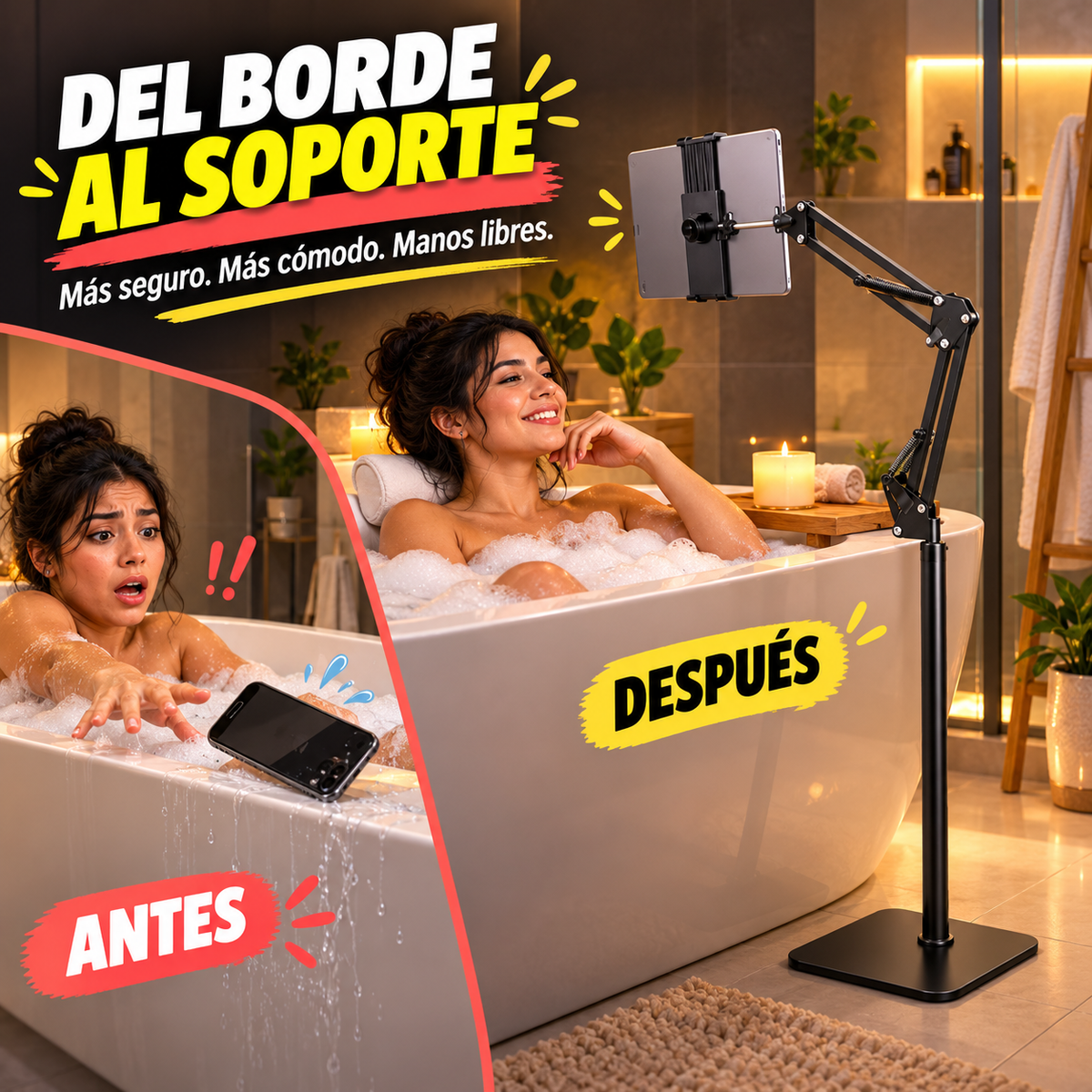 Soporte de Celular y Tablet Anticaídas · Base de Piso y Giro 360°