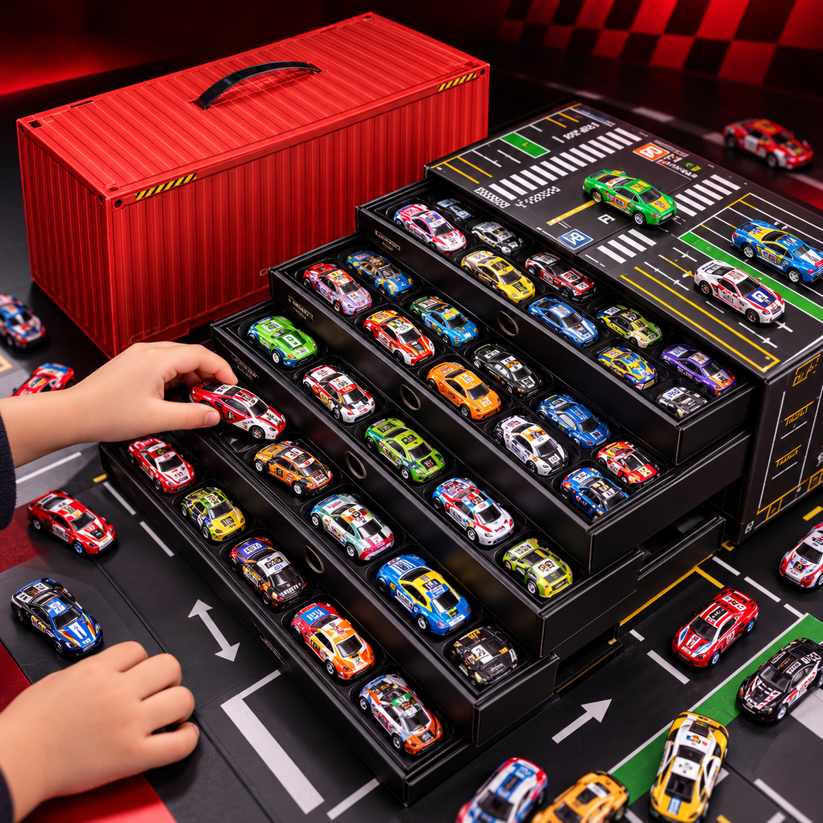 Megaset Container con 48 Carritos y Pista Desplegable
